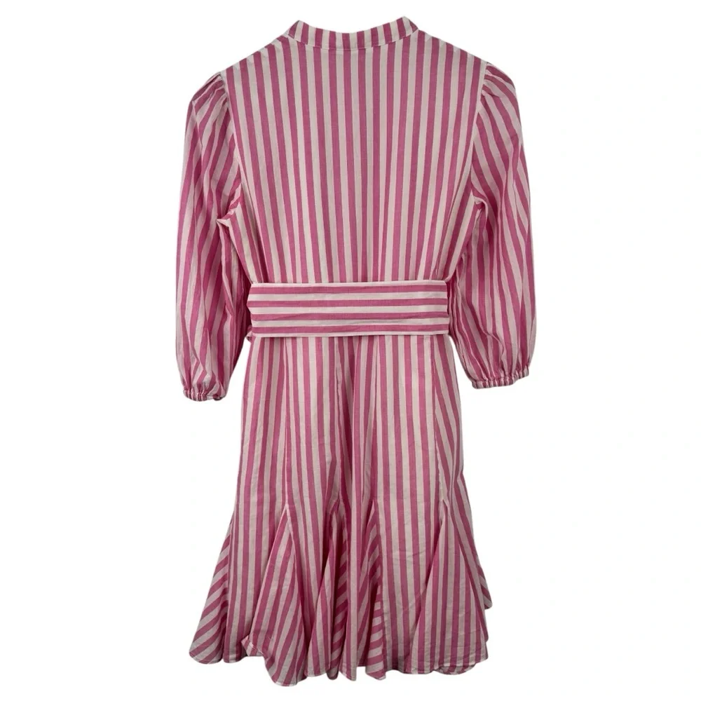 BODEN Puff Sleeve Cotton Pink White Striped Dress Button Down Ruffle Hem SZ 2 - Picture 11 of 16